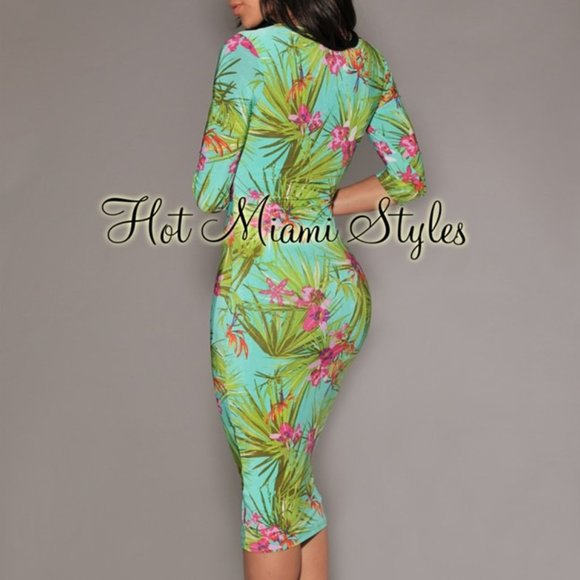Green Multi-Color Tropical Floral Leaves Midi Padded Dress, Size Medium, NWT - Picture 2 of 5